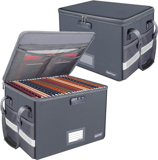 ENGPOW File Box with Lock, Fireproof Document Box with Pockets, Collapsible File Organizer Filing Storage Cabinet with Handle, Portable Home Office Safe for Hanging Letter/Legal Folders,Gray,2 Pack