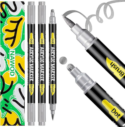 NAWOD 3 Silver Acrylic Paint Pens Markers, Dual Tip (Dot + Brush Tip), for Rock Painting Fabric Canvas Glass Wood Ceramic Paper Eggs, Fabric Marker Ideal for Labeling DIY Crafts Art Projects