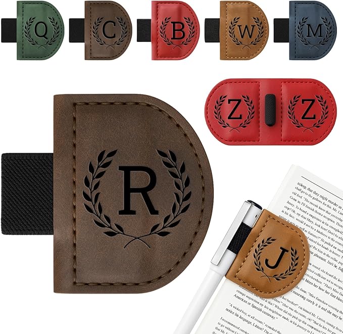 Personalized Bygone Mark Bookmark with Pen Holder,Engraving Leather Magnetic Bookmarks Vintage 26 Letters Name Initials Text Book Marker Clips Gifts for Reading Book Lovers Women (Coffee, R)