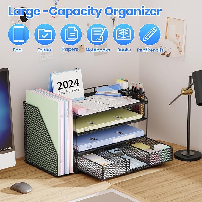 Desk Organizer and Accessories, 4-Tier Desktop File Organizer with Drawer and 2 Pen Holders, Office Desk Accessories for Office Supplies(Black)