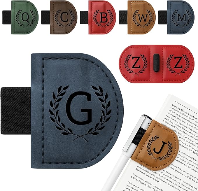 Personalized Bygone Mark Bookmark with Pen Holder,Engraving Leather Magnetic Bookmarks Vintage 26 Letters Name Initials Text Book Marker Clips Gifts for Reading Book Lovers Women (Blue, G)
