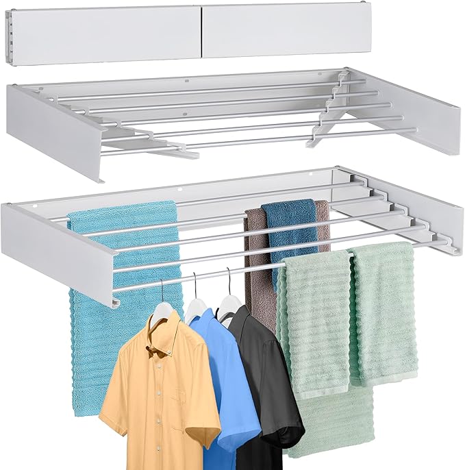 FOCHIER F Laundry Drying Rack Wall Mounted Clothes Drying Rack Collapsible with 4 Aluminum Rods and Drilling Template Long Screwdriver Bit 60 lbs Capacity (White, 40")