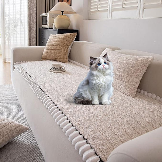 OTOB Couch Covers for Sofa Pet Friendly, Washable & Non Slip Fuzzy Dog Couch Cover Sofa Slipcovers Love Seat, Soft Plush Cozy Furniture Protector Cushion Mat, All Seasons (Beige, 27.6" x 59.1")