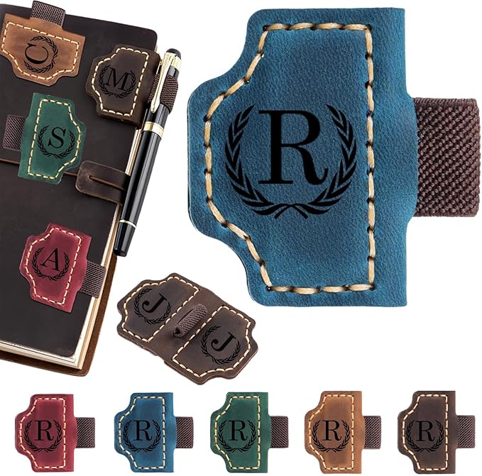 Artlaza Personalized Magnetic Leather Bookmark with Pen Holder - 26 Letters Custom Book Mark with Name Initial Engraved Book Marker for Readers, Book Lovers, Travelers - Gift for Women & Men(Blue，R