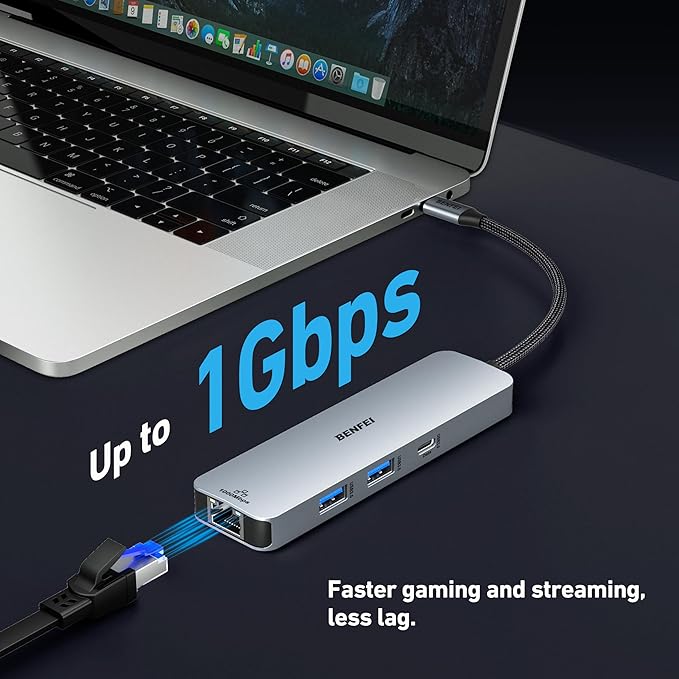 BENFEI 6-in-1 USB C Hub with HDMI(4K@60Hz), 2 USB-A, 1 USB-C Data, 100W Charge, Gigabit Ethernet, Silicone Tangle-Free Cable Compatible with MacBook Pro/Air, iPad Pro, iMac, iPhone 15 Pro/Pro Max