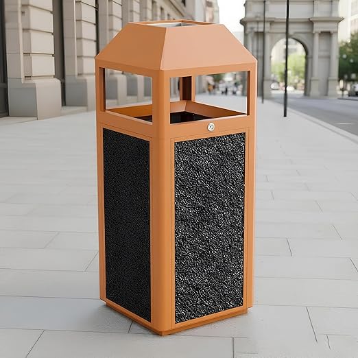 Commercial Metal Outdoor Trash Can with Lid, Lockable Outdoor Garbage Can with Nature Stone Panels, Heavy-Duty Rustproof Trash Bin with Removable Liner for Parks & Public Spaces