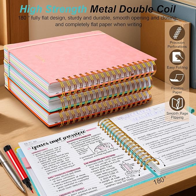 Hardcover Spiral Notebook 8"x10" Journal Notebook with Tabs and Removable Dividers 300 Pages 5 Subject Notebook College Ruled, Faux Leather Spiral Bound Notebook for Women, Students, School Work (Blue)