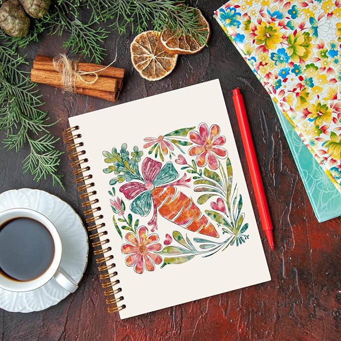 JXREQ Cute Carrot Bow Floral Notebook Botanical Journal Notebooks for Note Taking Writing, Pretty Carrots Journal for Women, Aesthetic Office Supplies, Spiral Notebooks 5.5x8.3