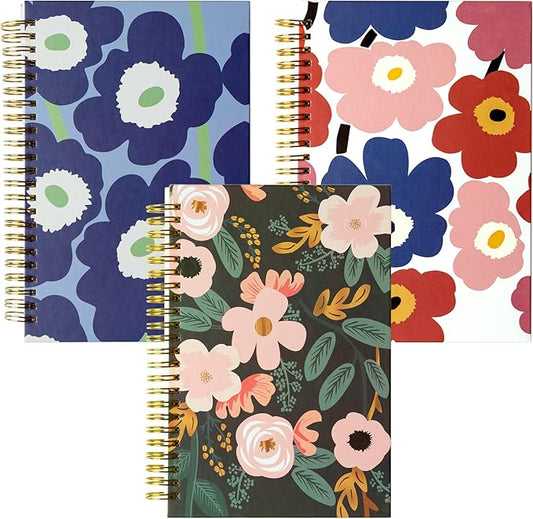 Blank Spiral Notebook Bulk, A5 Flower Unlined Journals, 100GSM Thick Paper Travel Journal Set, Hard Cover, Plain Wirebound Draw Sketchbook Planner, 75 Sheets per Book, 5.7x8.3 inch, 3 Pack