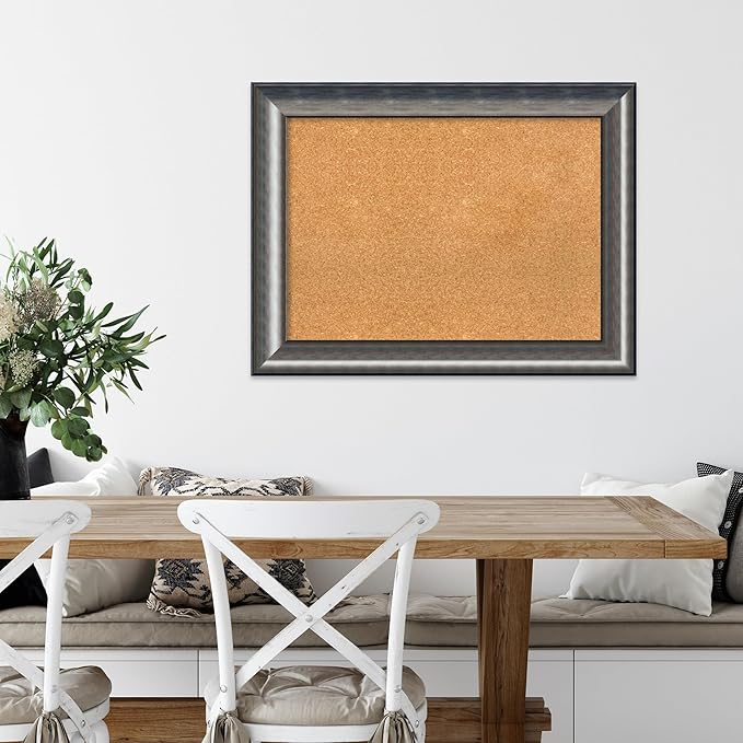 Amanti Art Natural Cork Board for Wall, 26x34 Vision Board with Silver Wood Frame, Medium Corkboard Office Decor for Home Organization, Casual Corkboard Pinboard to Display Items for Home