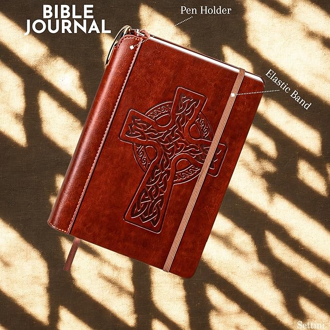 SETTINI® Lined Journal - Celtic Cross Journal for Writing Gift Set - Hardcover Vegan Leather, Includes Luxury Pen in a Unique Pen Holder, 192 Pages, 6 x 8.5 inches, Bible Journal, Birthday Gift