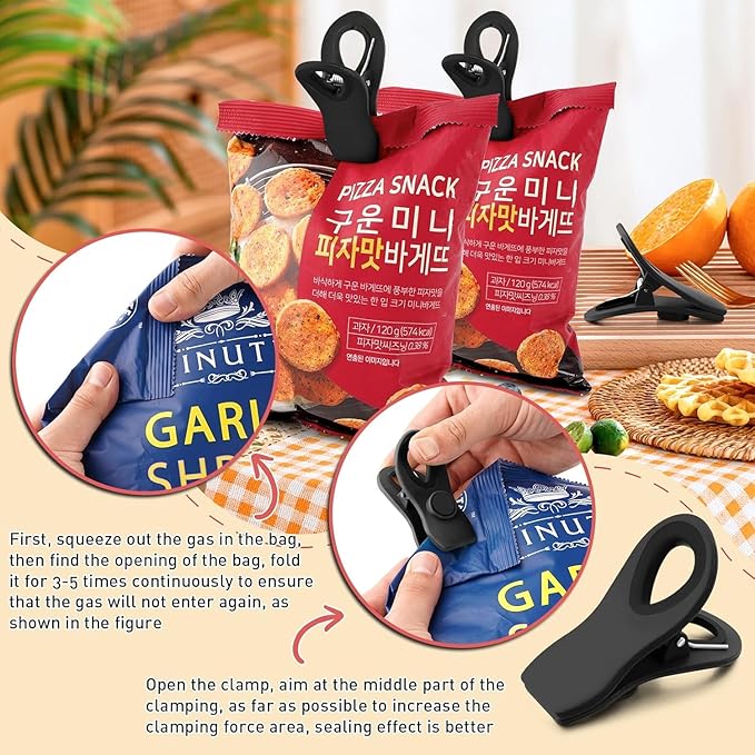 FINDMAG 24 Pack Magnetic Chip Clips for Food Storage, Plastic Bag Clips with Strong Magnet for Fridge, Snack Bags, Chips, and Kitchen Use (Black)
