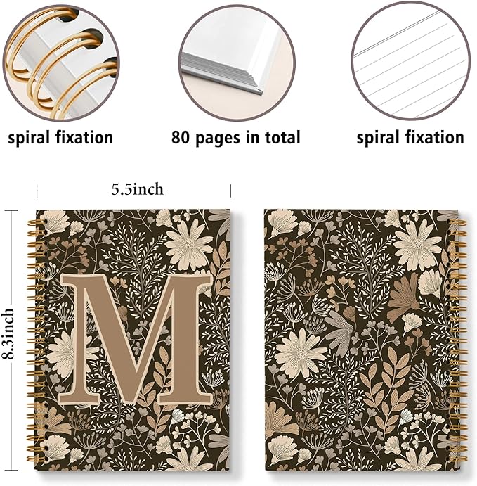Initial M Personalized Journal Notebook, Boho Floral Journaling Notebooks for Women Girls, Costom Monogrammed Gifts for Women Mom Girls Friends, Letter Spiral Notebook, 5.5x8.3