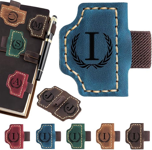 Artlaza Personalized Magnetic Leather Bookmark with Pen Holder - 26 Letters Custom Book Mark with Name Initial Engraved Book Marker for Readers, Book Lovers, Travelers - Gift for Women & Men(Blue，I