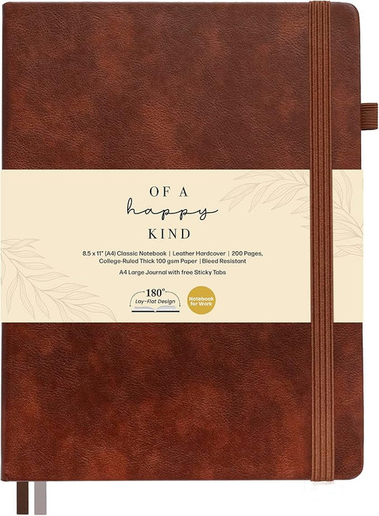 Classic Lined Journal Notebook 8.5x11" A4 Hardcover Leather - Brown - 200 Pages College Ruled Large with Sticky Tabs, Pockets, and Pen Loop for Writing and Journaling - Big Hardback Men and Women