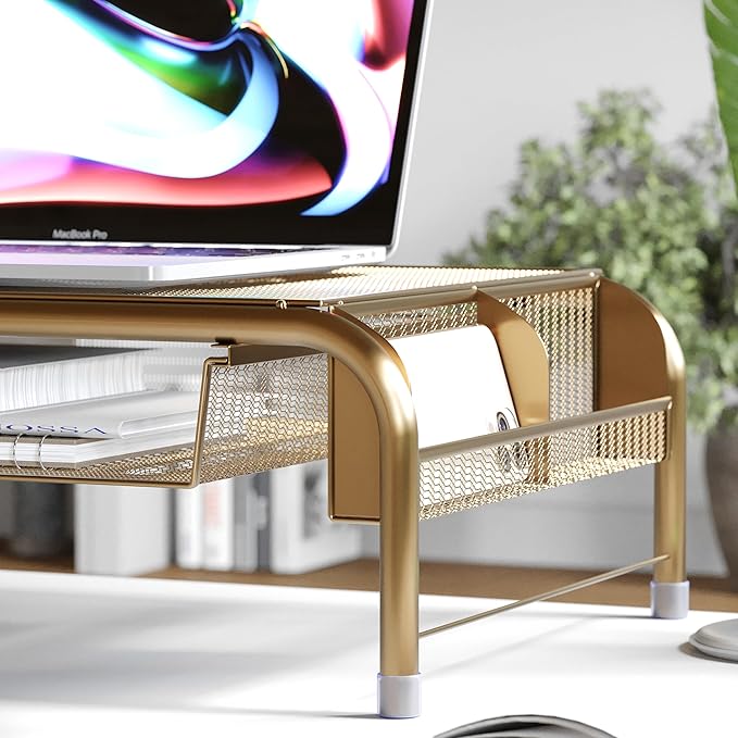 Martha Stewart Ryder Gold Mesh Metal Desktop Monitor Stand Riser with Organizer Drawer and Side Storage, 12.5 x 22.25 x 6.5 inches