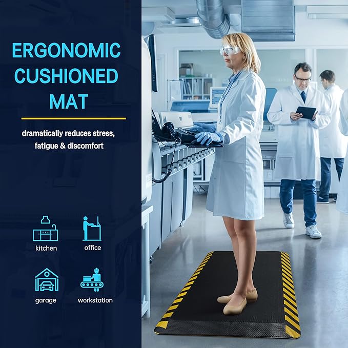 FEATOL Anti Fatigue Mat Industrial, Ergonomic Standing Floor Mat for Work for Stand, Black with Yellow Border Safety 24" x 70"-Support for Leg & Back Pain