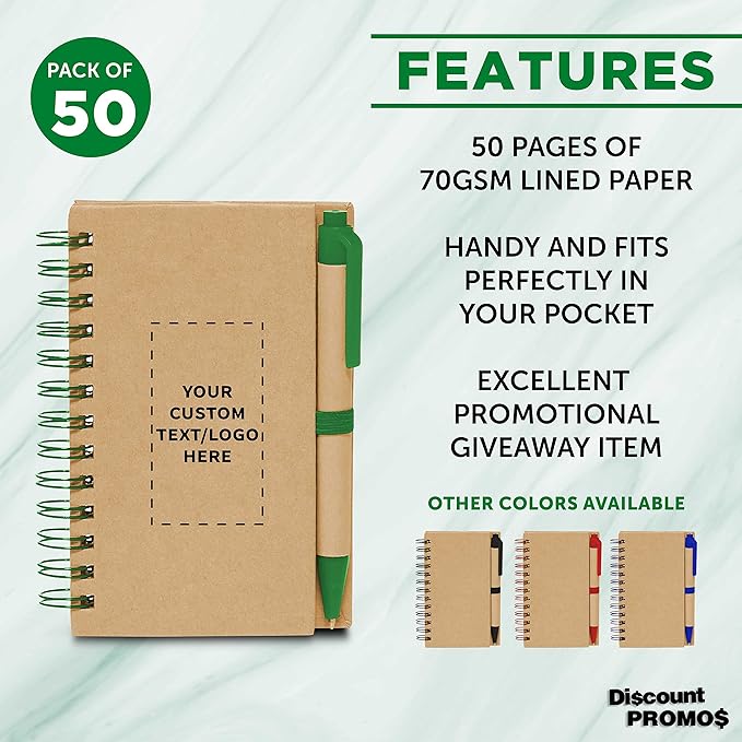 Custom Mini Spiral Notebooks with Black Ink Pens Set of 50, Personalized Bulk Pack - Perfect for School, Office, Business, Home - Green