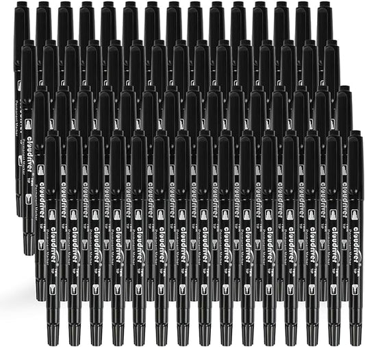cloudriver Ultra Fine Permanent Markers, 60 Bulk Pack Twin Tip Black Permanent Marker Set, Waterproof and Quick Drying