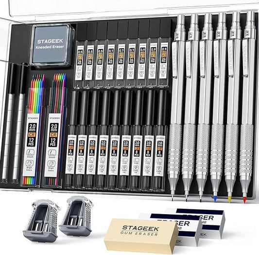 35Pcs Art Mechanical Pencil Set with Case, 0.5 0.7 0.9 2.0 Graphite Metal Drawing Drafting Pencils, Sharpener Erasers 384PCS Lead Refills (6B 4B 2B HB 2H 4H Colors)Pencils for Writing Sketching,Silver