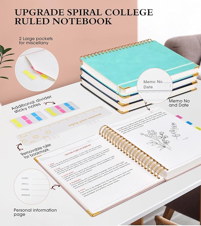 Spiral Notebook Journal 5.75” x 8.38”, 300 Pages Hardcover Leather Lined Journals for Women Men, A5 Small College Ruled Notebooks with 100 GSM Thick Paper, Spiral Journal for Writing Work School, Pink