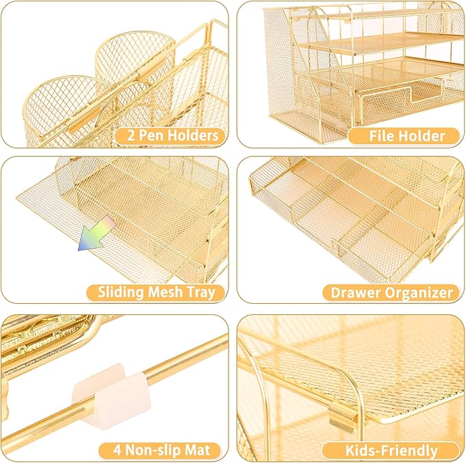 Desk Organizer and Accessories, 4-Tier Desktop File Organizer with Drawer and 2 Pen Holders, Office Desk Accessories for Office Supplies(Gold)