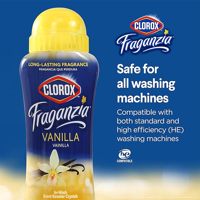 Clorox Fraganzia Laundry Scent Booster Crystals in Vanilla Scent - Scented In-Wash Freshener Beads for Fresh, Clean, Great Smelling Clothes and Linens, 18 Oz - 2 Pack