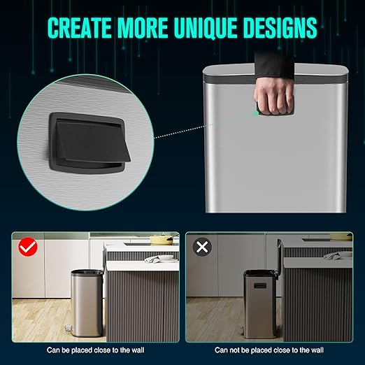 13 Gallon Stainless Steel Foot Pedal Large Trash Can with Soft Close Quiet Curved Surface Top Lid and Deodorant Storage Space, with 30 Garbage Bags for Kitchen/Home/Office Trash can and More - Silver
