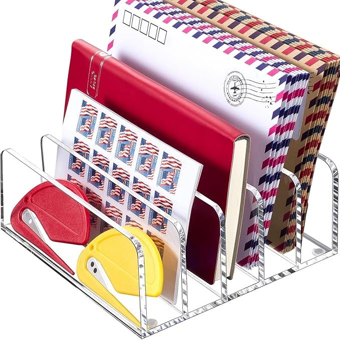 BEYGORM Acrylic Mail Holder, Clear Multifunction Desk Organizer with Divider, Vertical Letter Sorter for Desktop, 5 Compartments Modern Office Home Envelope Organizer for Bill, Document, Notebook