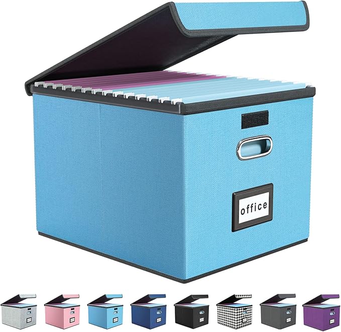 Huolewa Portable File Organizer Box Office Document Storage with Lid, Linen Hanging Filing Storage Boxes, Decorative Home/Office Filing System for File and Folders Storage (Sky-blue)