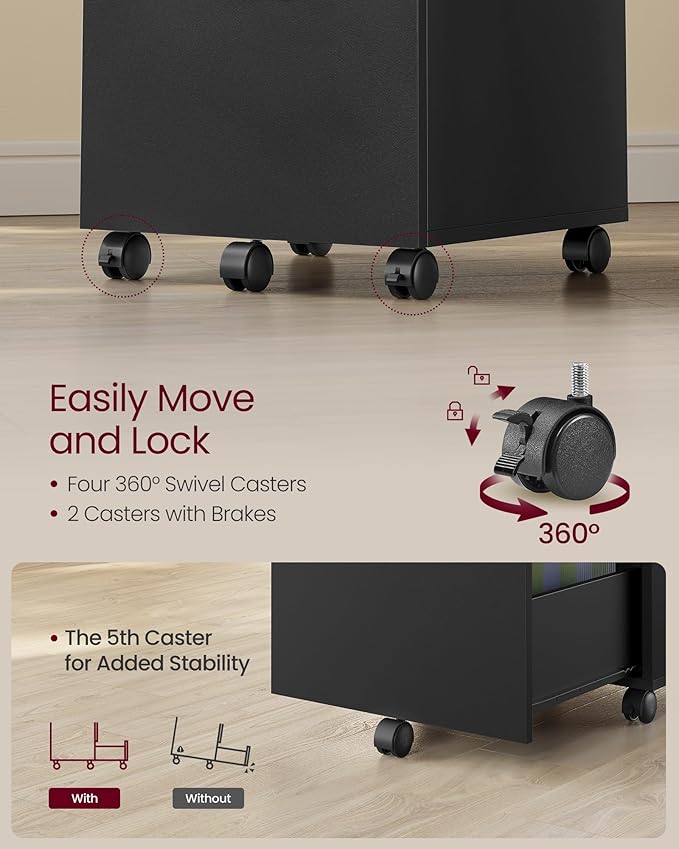VASAGLE 2-Drawer File Cabinet, Small Rolling Filing Cabinet for Home Office, Printer Stand, for A4, Letter-Size Documents, 15.7 x 16.5 x 27.6 Inches, Matte Black UOFC040B16