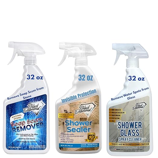 Black Diamond Stoneworks Shower Care Essentials –Natural Stone Shower Sealer, Glass Cleaner Spray & Soap Scum Remover – Professional Protection & Easy Cleaning for Bathrooms (3 Pack)
