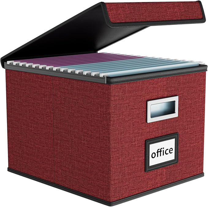 Huolewa File Storage Organizer Box with lid, Decorative Small Oragnizer Boxes for Hanging File, Linen Filing Box Cabinet with Plastic Slides for Office/Decor/Home Organization