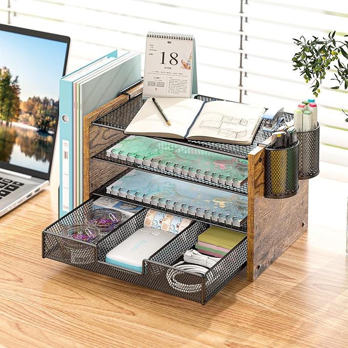 Wooden Desk Organizers and Accessories with File Holder, 4-Tier Paper File Organizer with Drawer & 2 Pen Holders, Office Desk Accessories, Desktop Organizer and Storage for Home Office Supplies