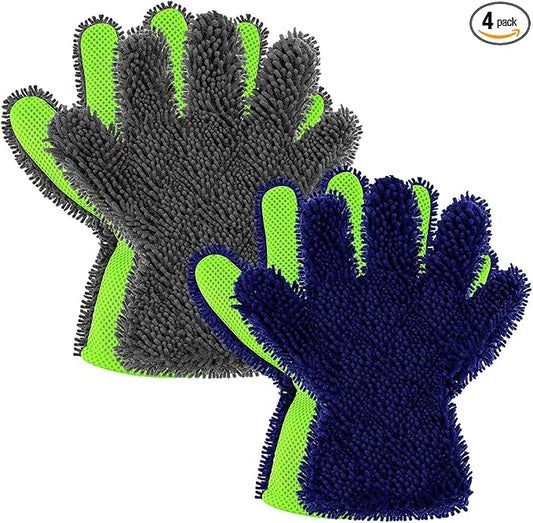 Ferraycle 2 Packs Car Wash Mitt 5 Finger Microfiber Wash Mitts Auto Car Dusting Gloves Double Sided Cleaning Gloves for Kitchen Home(Blue and Gray)