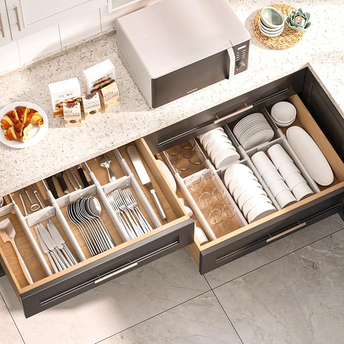 HiYZ Expandable Drawer Dividers with Inserts - Adjustable Drawer Organizers Separators for Kitchen, Bedroom, Dresser, Office, 3 Long Dividers(12.6-22.8 IN) with 6 Inserts(3.9-7.1 IN) - Gray