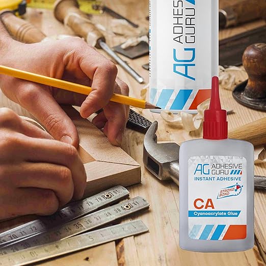 Adhesive Guru CA Glue with Activator Woodworking (4 x 0.9 oz - 4 x 3.38 fl oz) Cyanoacrylate Super Glue for Plastic, Glass, Ceramic, DIY, 3D Printing (4 Pack)