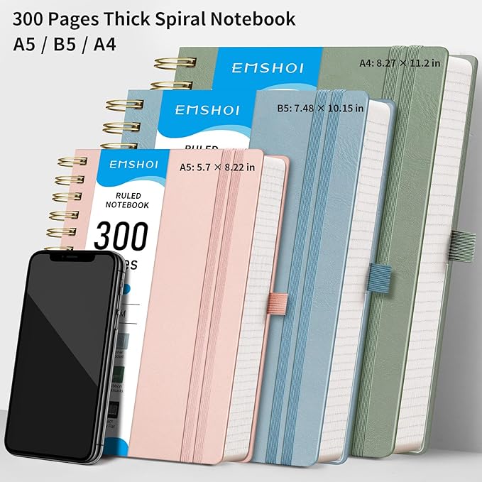 EMSHOI Spiral Notebook College Ruled, 300 Numbered Pages, A5 Small Hardcover Leather, 100 GSM Thick Lined Journal for Women Men Work Writing Journaling Note Taking, 5.7" x 8.22", Light Green