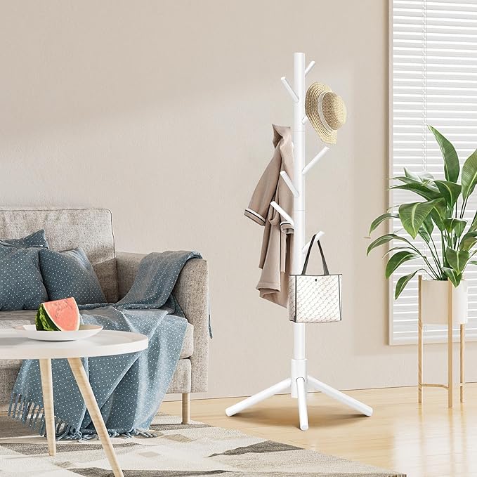 Wooden Coat Rack, Free Standing Coat Rack with 8 Hooks 3 Adjustable Heights for Clothes, Hats, Handbags, Coat Tree Easy Assembly for Entryway, Bedroom, Hallway, Office (New White)