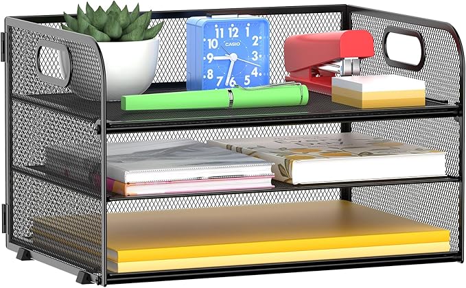 3 Tier Paper Organizer Tray with Handle, Mesh Letter Tray for Office, Home, School (1 Pack), Black