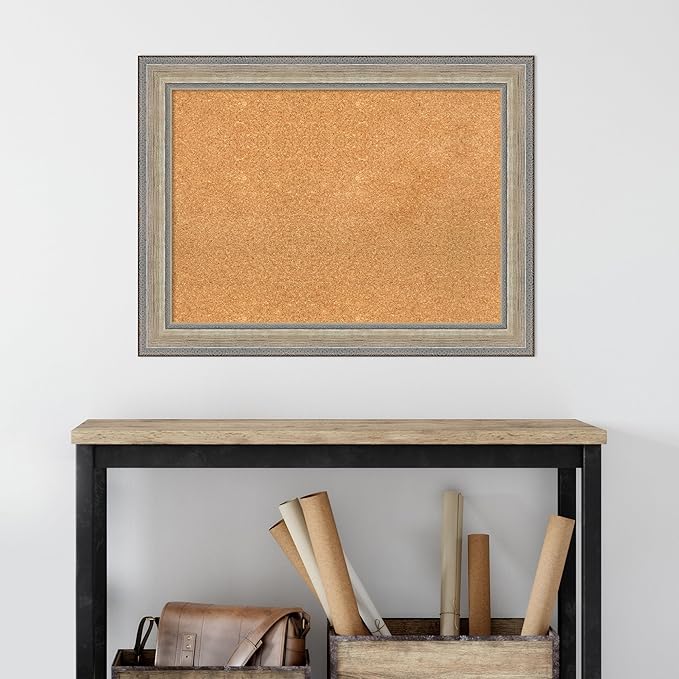Amanti Art Natural Cork Board for Wall, 25x33 Vision Board with Silver Wood Frame, Medium Corkboard Office Decor for Home Organization, Traditional Corkboard Pinboard to display items for home
