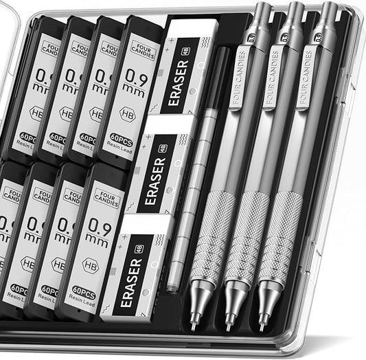 Four Candies 0.9mm Mechanical Pencil Set with Case, 3PCS Metal Artist Lead Pencil with 8 Tubes (480PCS) HB Lead Refills, 3 Erasers, 9 Eraser Refills For Engineer Art Writing Drafting, Silver