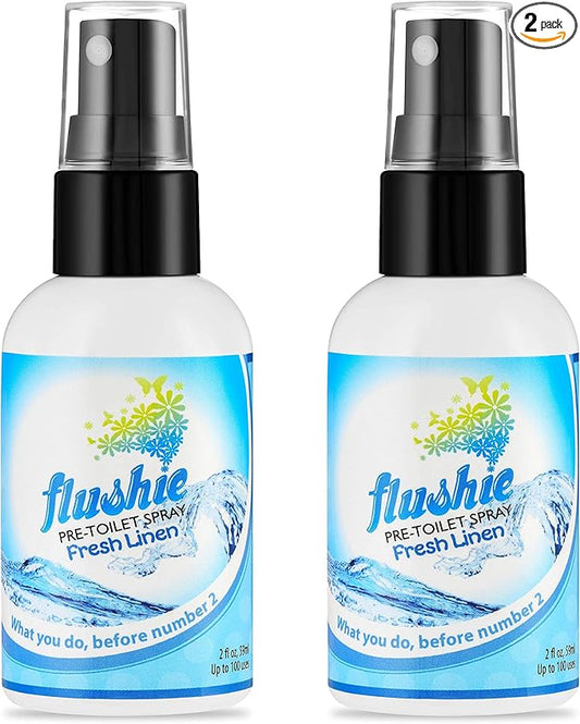 Flushie Pre-Toilet Spray - Travel Size Toilet Deodorizer and Poop Odor Eliminator (Linen, 2oz 2pack)
