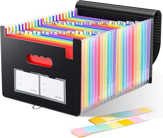 Accordion File Organizer, 24 Pockets Expanding File Folders, Portable Letter A4 Size Filing Box with Colored Labels and Expandable Cover, Monthly Bill Receipt Documents Organizer Black