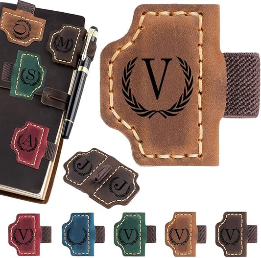 Personalized Magnetic Leather Bookmark with Pen Holder - 26 Letters Custom Book Mark with Name Initial Engraved Book Marker for Readers, Book Lovers, Travelers - Gift for Women & Men(Light Brown，V