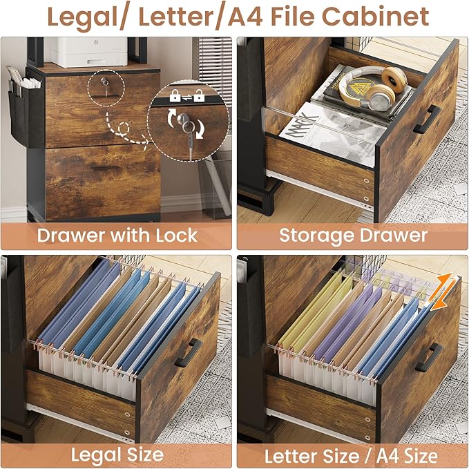 Itaar 2 Drawer File Cabinet with Lock, Fits Letter, Legal, A4 Size, Hanging File Folders, Adjustable Storage Shelf and Hook, Rustic Brown