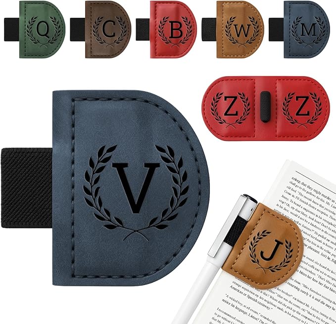 Personalized Bygone Mark Bookmark with Pen Holder,Engraving Leather Magnetic Bookmarks Vintage 26 Letters Name Initials Text Book Marker Clips Gifts for Reading Book Lovers Women (Blue, V)