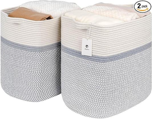 Storage Baskets for Clothes Fabric Cotton Rope Storage Basket with Handles, Decorative Woven Basket for Living Room,Closet Organizer Blankets, and 2bags (White/Gray, L17.8×W12.5×H17.9)