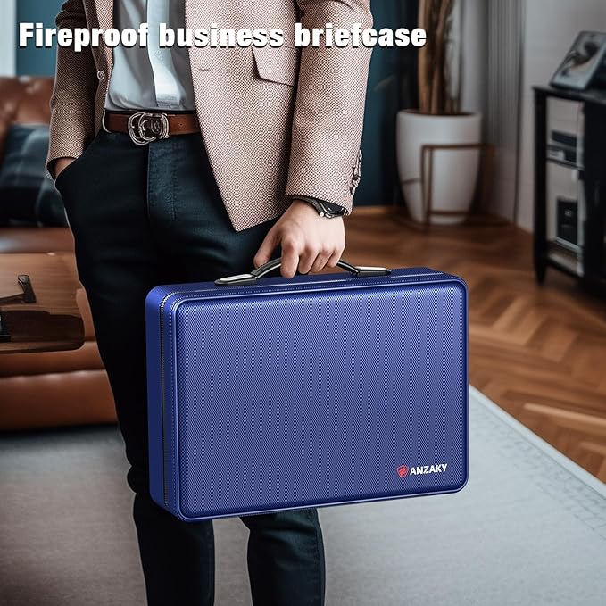 Fireproof Document Box with Fireproof Zipper, Hard Inner Shell Fireproof Document Bag with Lock, Fireproof Water Resistant Important Document Organizer 16 inch Laptop File Briefcase (Blue)