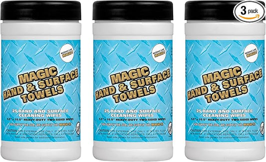Magic Heavy Duty Cleaning Wipes - Dual Sided Hand & Surface Shop Towels | Professional-grade Cleaning | Waterless | Moisturizing | Cleans Grease, Oil, Dirt, & more (3 Pack | 75 Sheets Total)